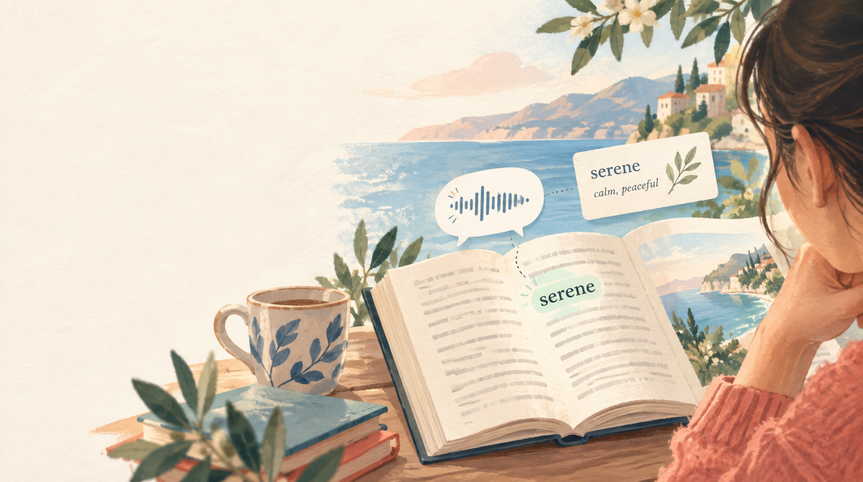 A highlighted word in an open book with audio and meaning notes