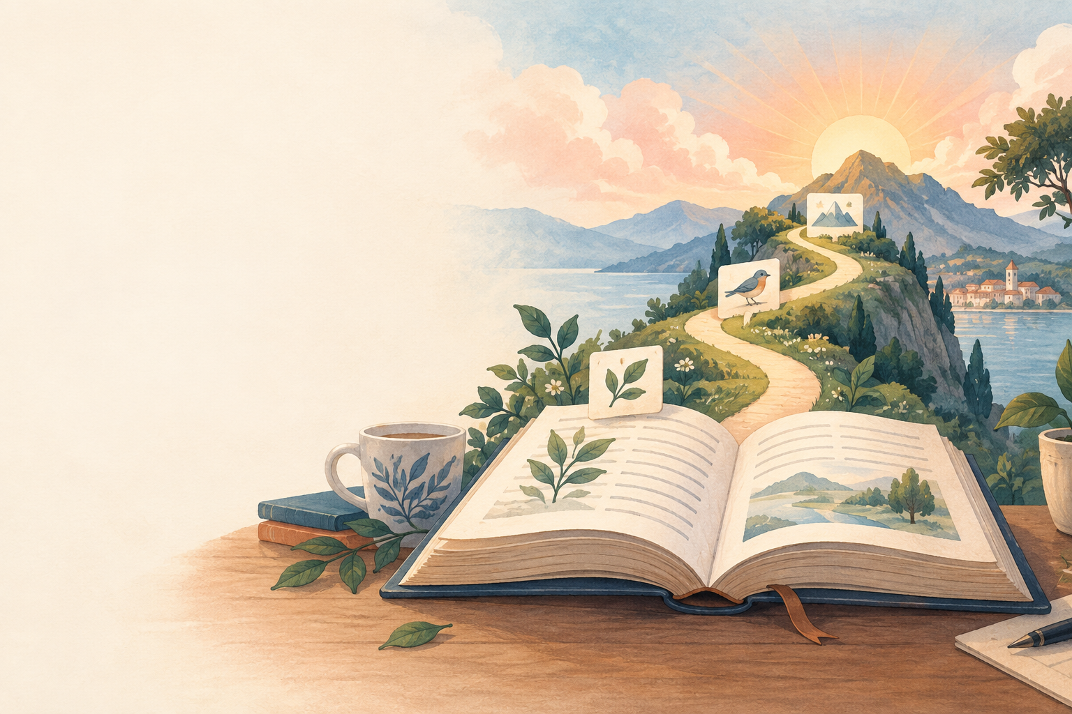 An open book leading along a path toward a mountain sunrise